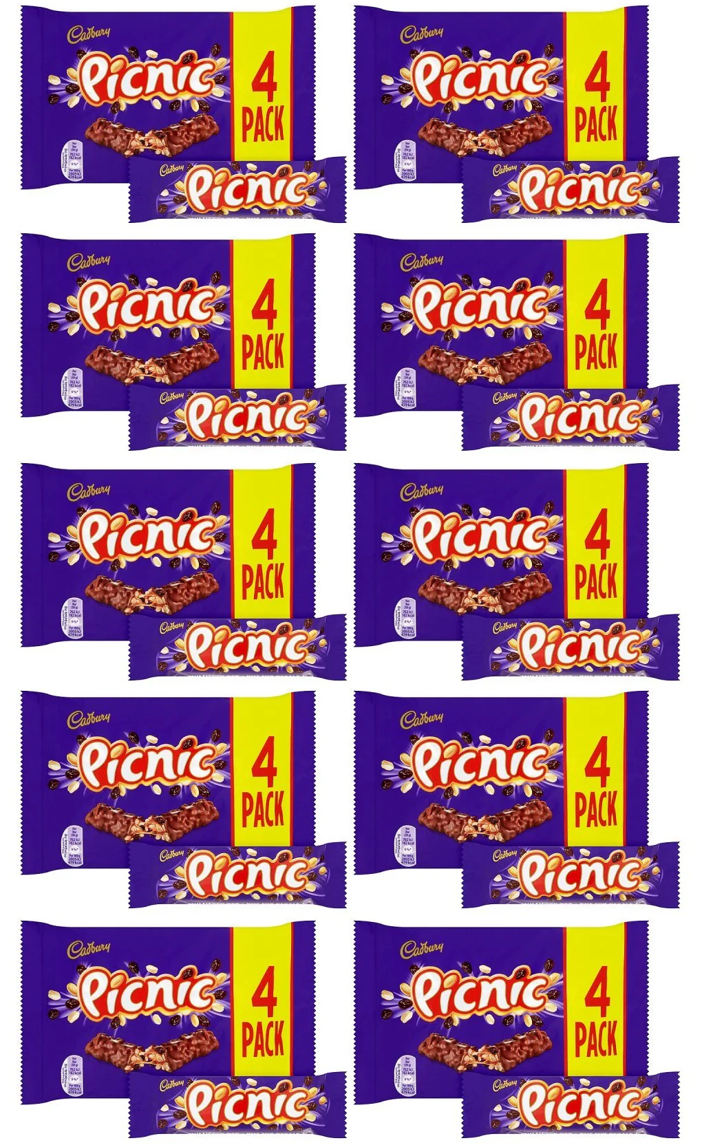 10 x Cadbury Picnic Chocolate Bar 4 Pack 152G