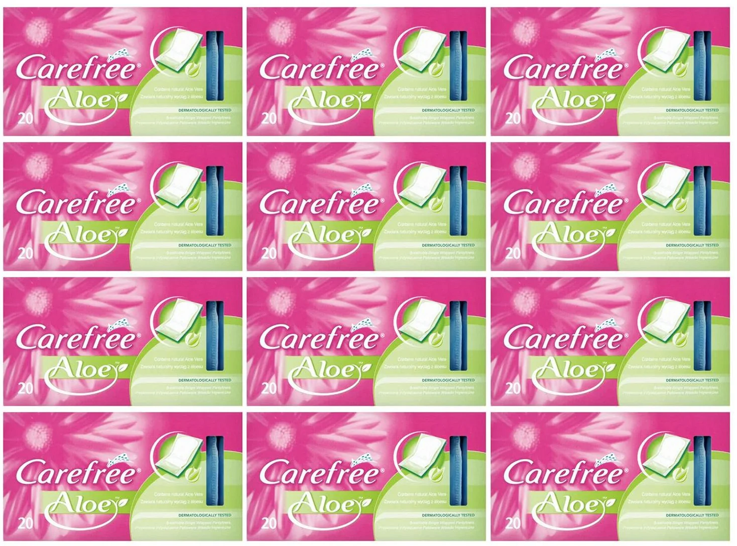 12 x CarefreeĀ® Cotton Aloe Pantyliners 20Ct