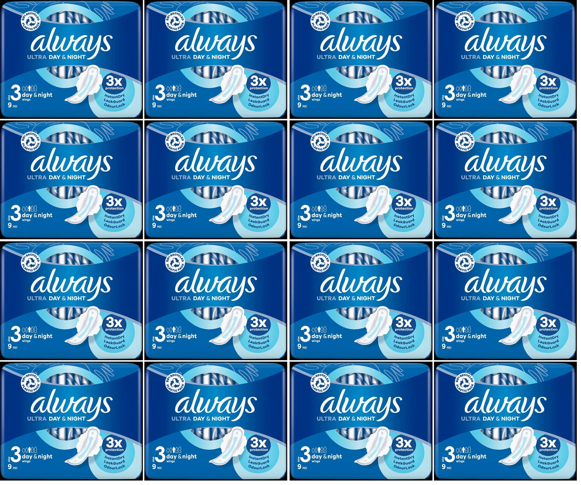 16 x Always Ultra Day & Night Sanitary Towels (Size 3) Wings 9 Pads