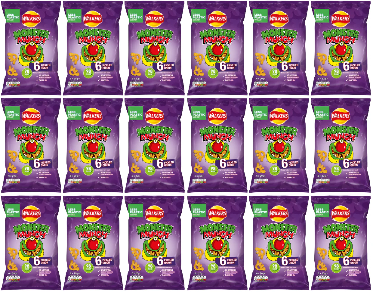 18 x Walkers Monster Munch Pickled Onion 6Pk 6X22Gm