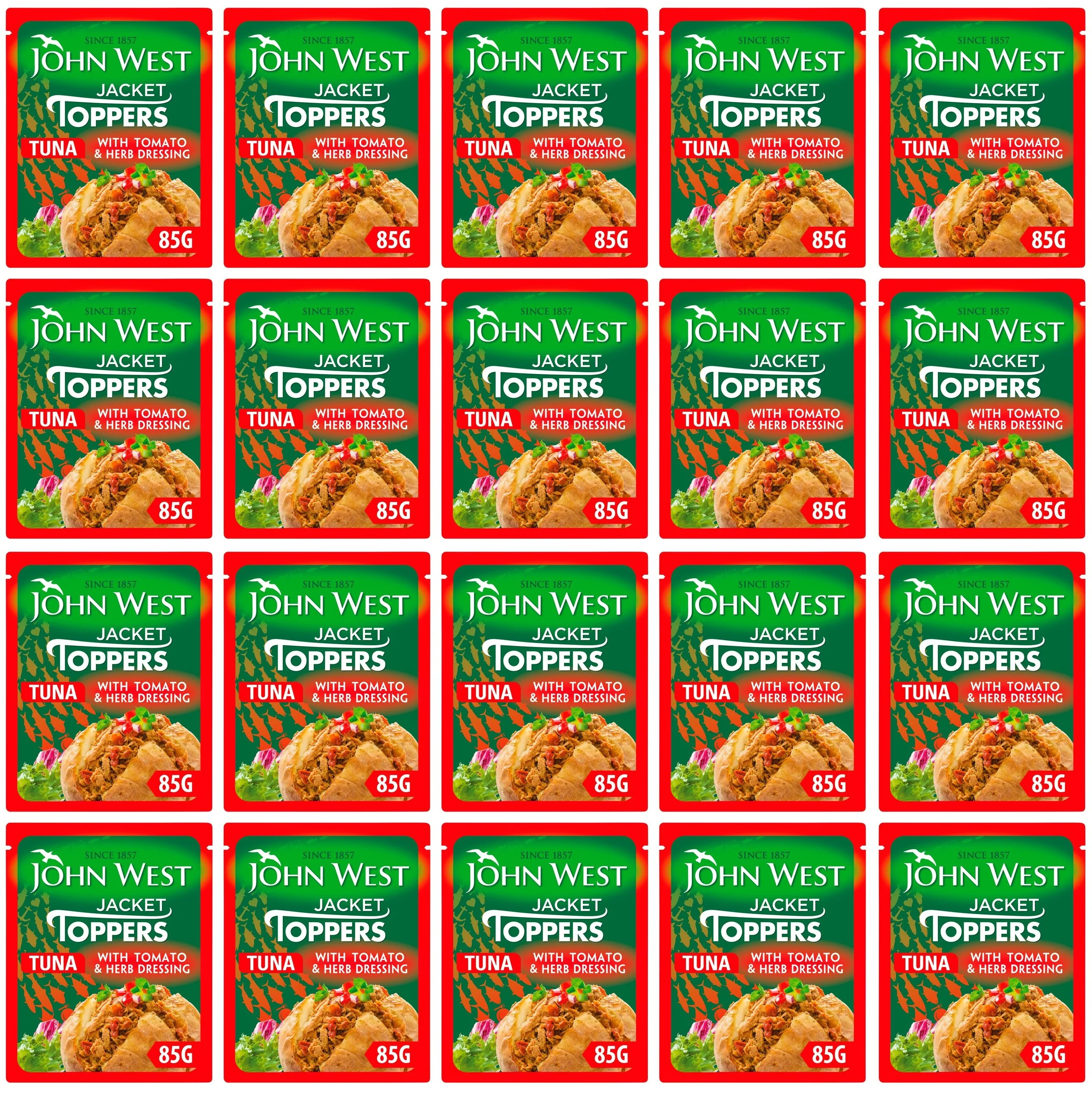 20 x John West Jacket Toppers Tuna With An Oven Dried Tomato & Herb Dressing 85G