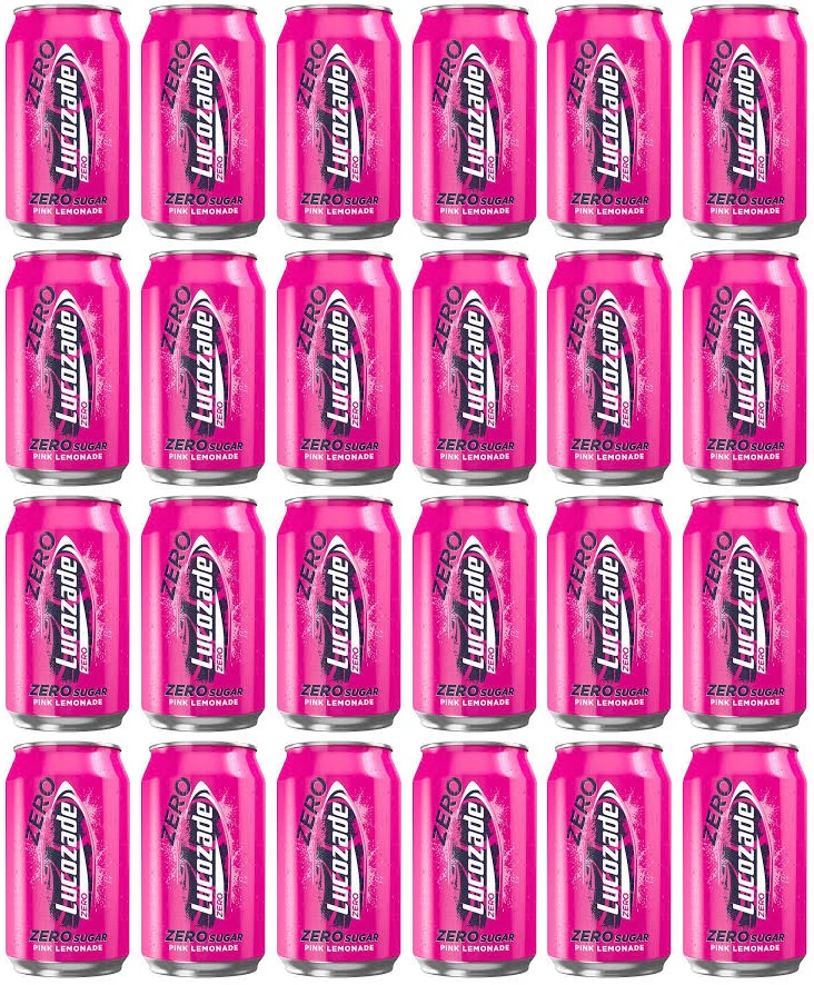 24 x Lucozade Energy Zero Sugar Drink Pink Lemonade 330Ml