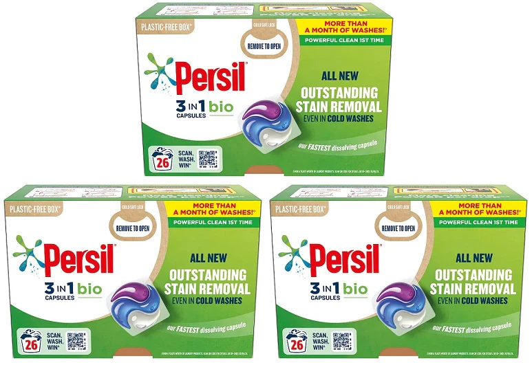 3 x Persil 3 In 1 Washing Capsules Bio 26 Washes