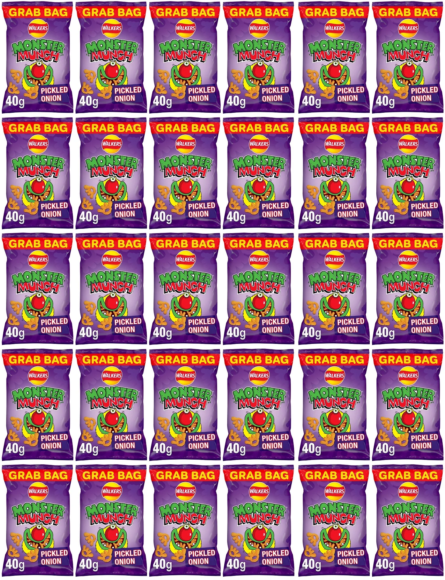 30 x Walkers Monster Munch Pickled Onion Snacks Crisps 40G