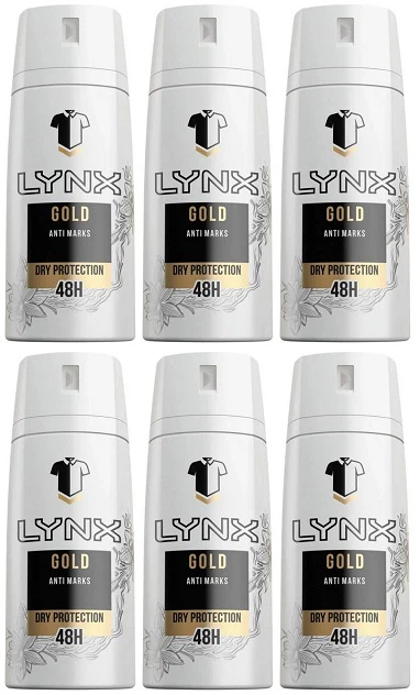 6 x Lynx Gold Anti White Marks Anti-Perspirant Deodorant Spray For Men 150Ml